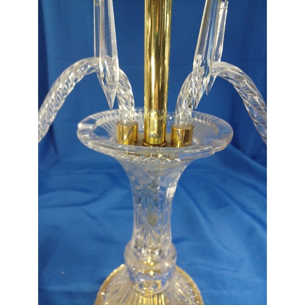 XL Cut Crystal 3 Arm Candlestick Candelabra Prisms Hollywood Regency MCM Brass - Picture 7 of 10